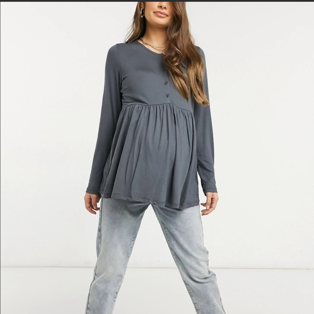 Also maternity gray empire waist button down tunic top size 12 gray